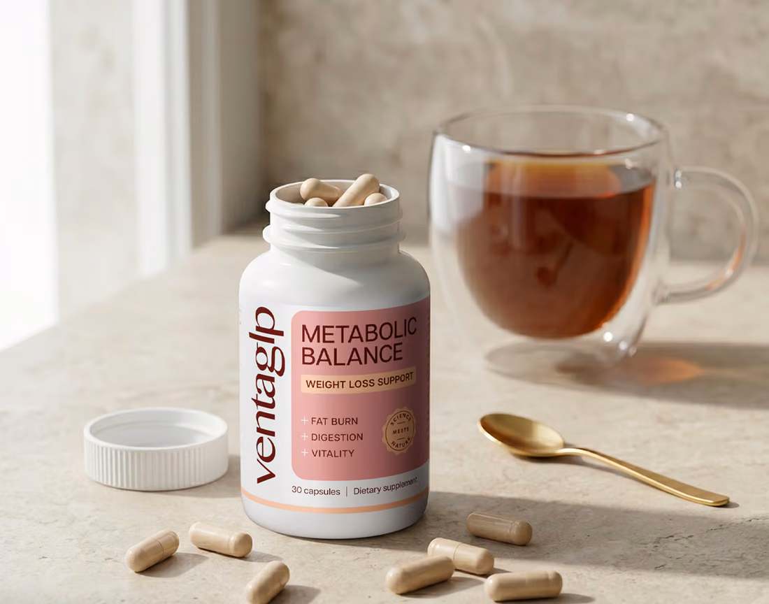Frasco abierto de Venta GLP con cápsulas, una taza de té y una cucharilla dorada